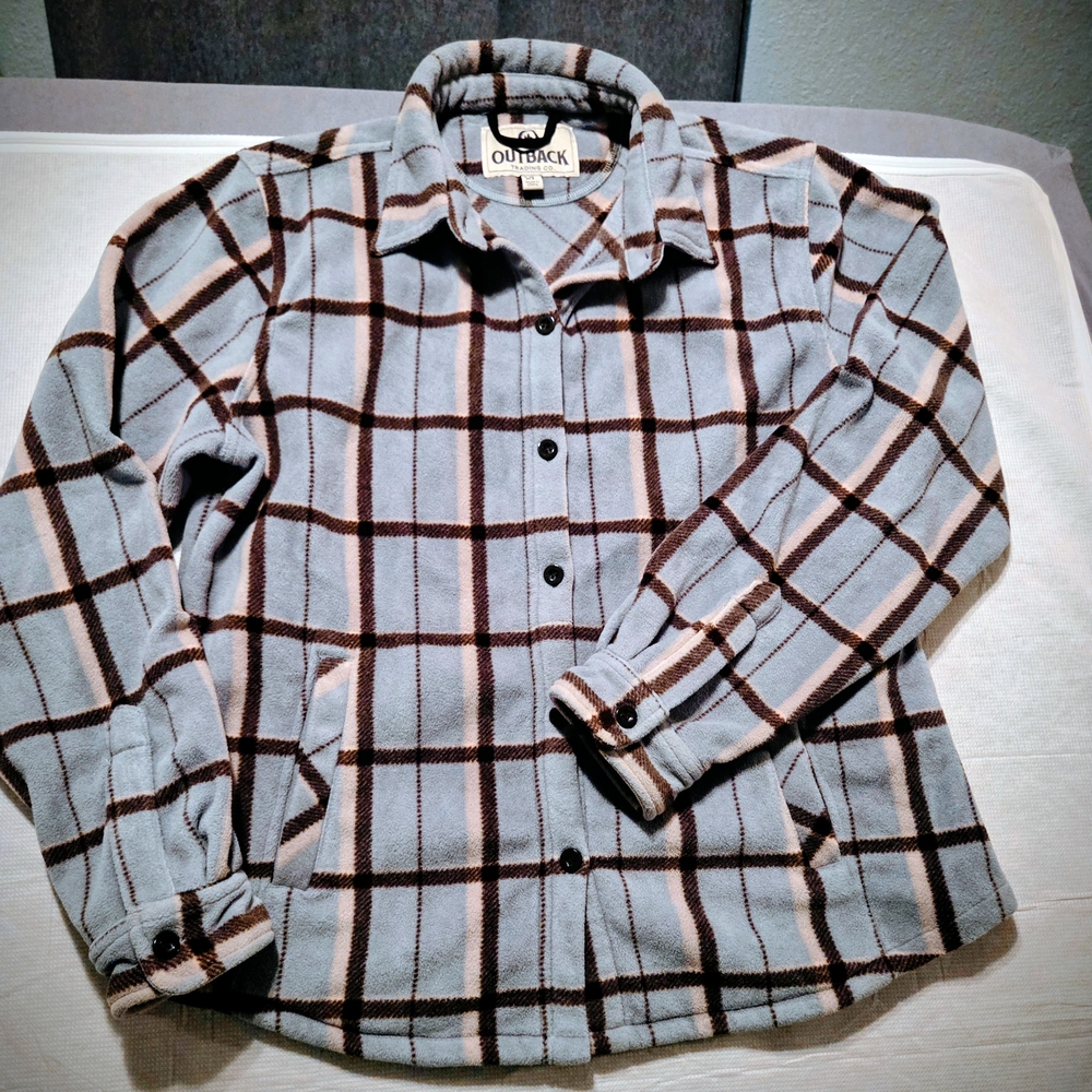 Outback Women's Checkered Teddy Jacket - Light Blue and Brown